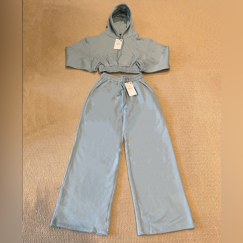 Zara Blue Cropped Hoodie and Wide-Leg Pants Set
